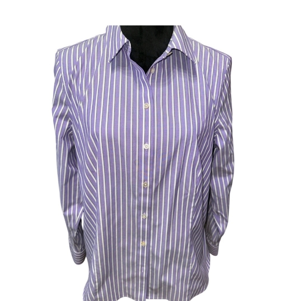 TALBOTS WOMENS WRINKLE RESISTANT PURPLE/WHITE/BLACK STRIPE TOP 16